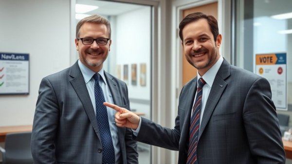 Man pointing to NaviLens tag in a government office for accessibility.