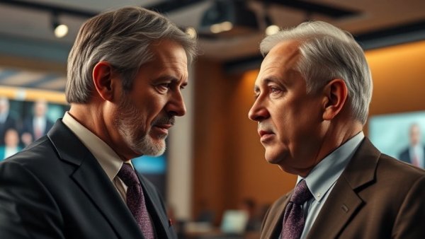 Two men engaged in discussion, formal setting, lowering capital requirements, broadcast.