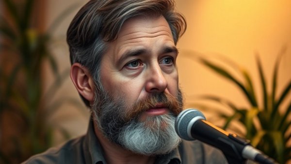 Middle-aged man sharing healthy aging tips in a serene setting.