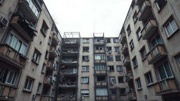 Breaking news image showing a damaged apartment building with broken windows.