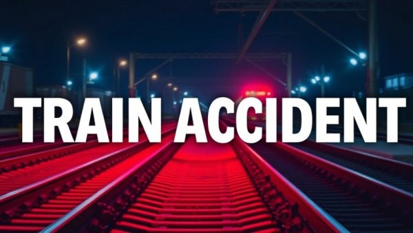 San Antonio train accident text graphic over tracks with emergency lighting.