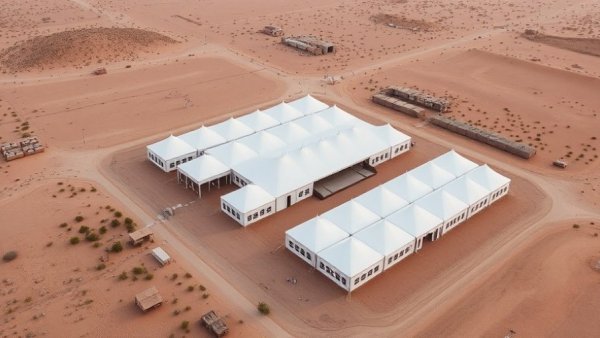 Aerial view of large tent facility in El Paso desert.