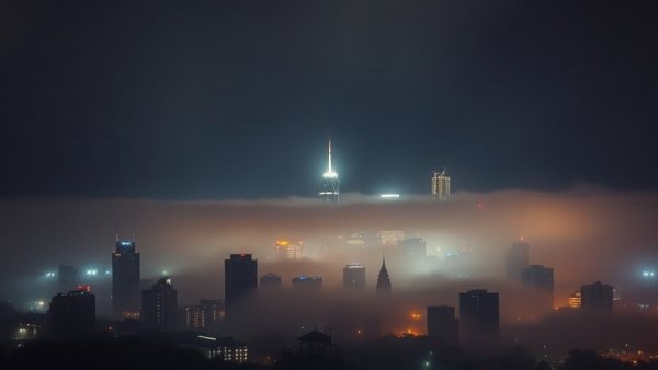 Foggy night view of Houston skyline, city lights shining through mist, Houston weather news.