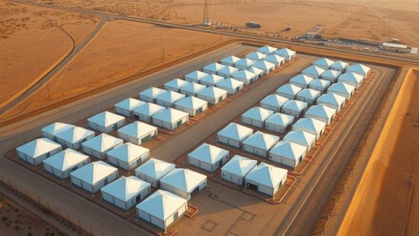 Aerial view of large tent facility in dry landscape.