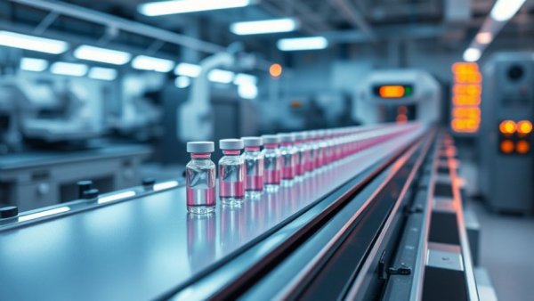 AI in healthcare: futuristic laboratory, vials on a conveyor belt.