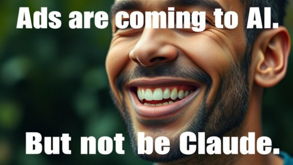 Smiling man with text about AI companies Super Bowl advertising