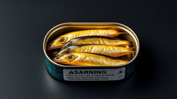 Open sardine tin with warning text on nutrition.