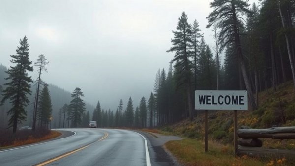 Twin Peaks welcome sign on a quiet mountain road, setting the scene for murder investigation.
