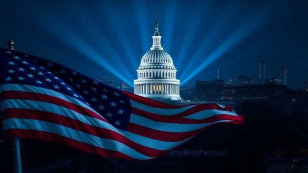 AI influence on elections: U.S. Capitol with digital arcs and flag.
