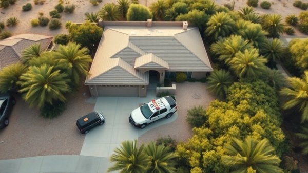 Aerial view of desert home with sheriff's car and media for Nancy Guthrie kidnapping theory.
