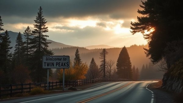 Mysterious Twin Peaks sign with mountains, evoking the triple murder mystery.