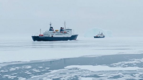 Icebreakers in Arctic exploring black carbon effects, snowy scenery.