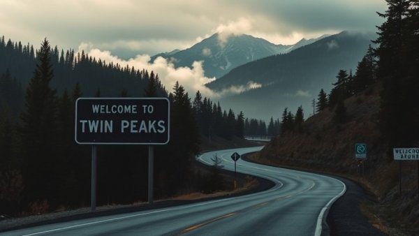 Twin Peaks sign next to forested road, mysterious mountain backdrop.