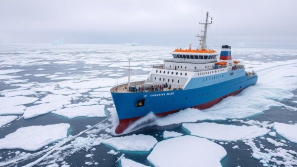 Majestic icebreaker ship exploring Arctic ice, addressing black carbon in Arctic.