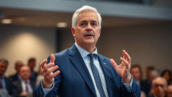 Man in suit discussing Trump emergency tariff powers in a formal setting.