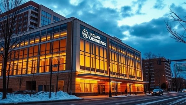 Indiana school building at dusk related to school governance debate.