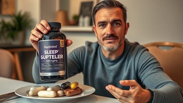 Man discussing healthy aging supplements beside a labeled plate.
