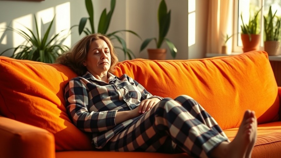 Young woman in plaid pajamas resting on a sofa, seeking nausea relief during pregnancy.