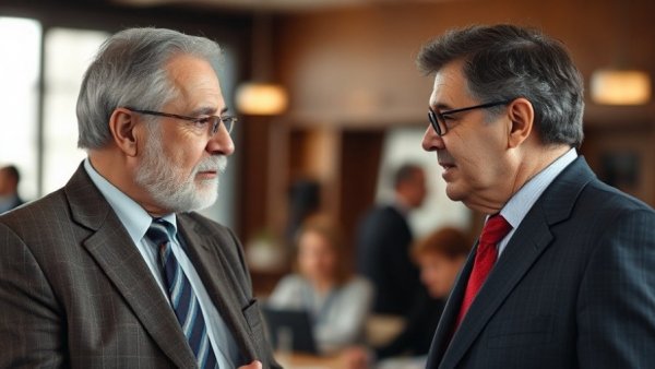 Two men discussing, representing public testimony in high-profile political cases.