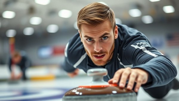 Male curler in action during USA mixed doubles curling match.