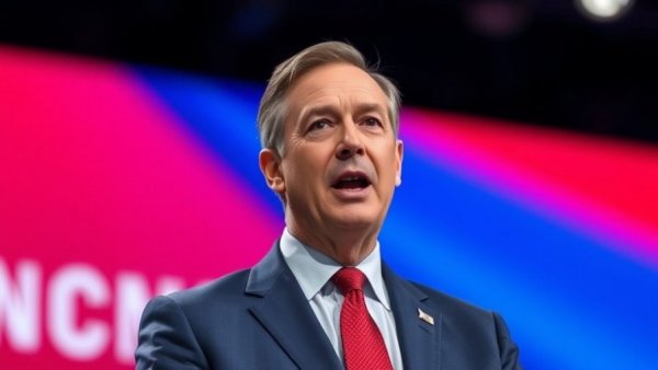 Middle-aged man speaks passionately on stage at conference.