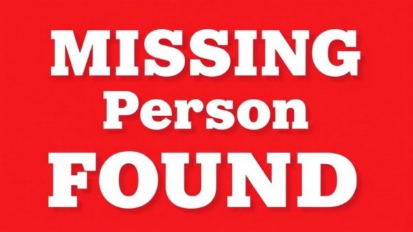 Bold missing person found announcement graphic in red and white.