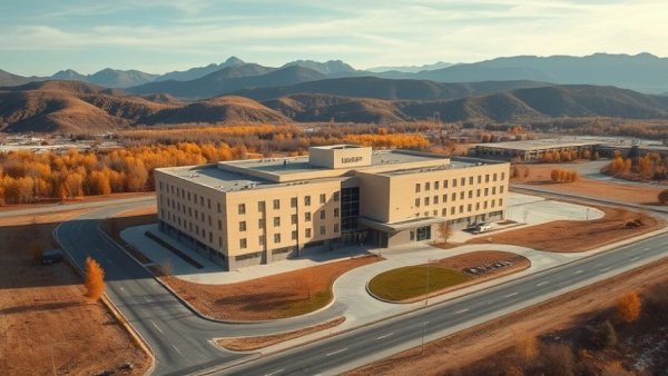 Aerial view of Unicoi County Hospital with flood risk rebuild potential.