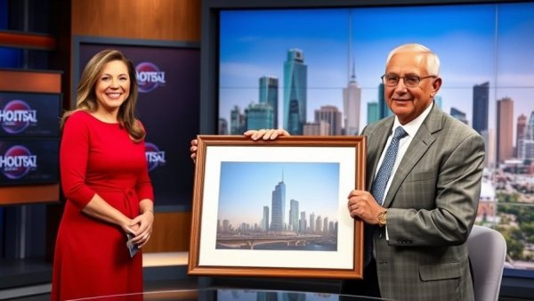 Houston news anchors with cityscape backdrop.