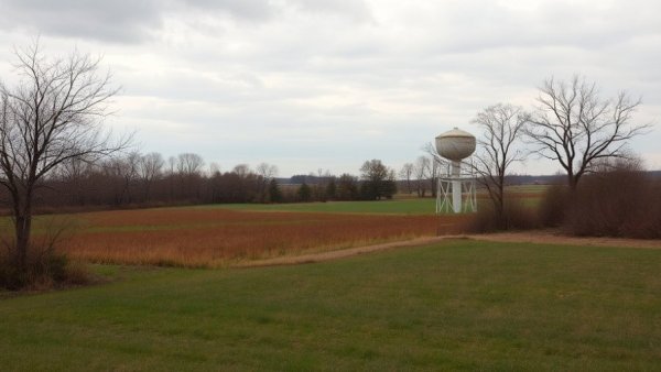 Rural scene in Bastrop with water tower under cloudy sky, related to factory lawsuit.