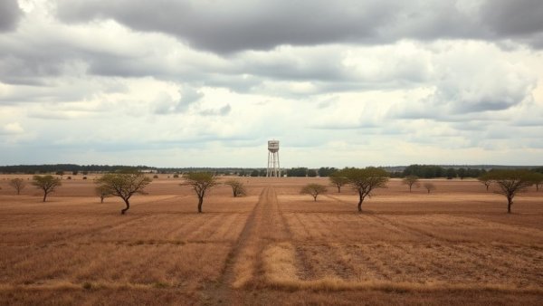 Rural Texas landscape with water tower under cloudy sky.