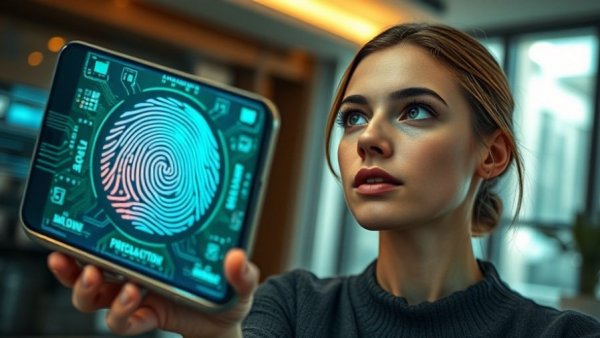 Cybersecurity Hiring Reform: Fingerprint on smartphone, thoughtful woman portrait.