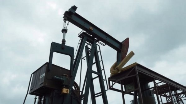 Industrial oil pumpjack in a cloudy field, raffling off mineral rights.