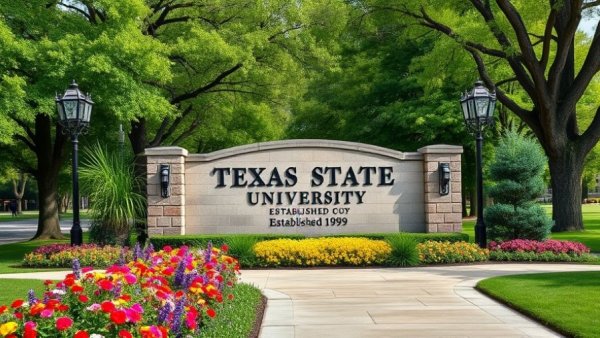 Texas State University sign with flowers and trees on a sunny day.