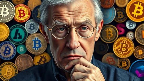 Central bank digital currency US concept with thoughtful man and cryptocurrencies.