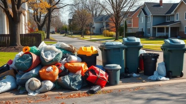 Residential trash waiting for pickup in Houston neighborhood.