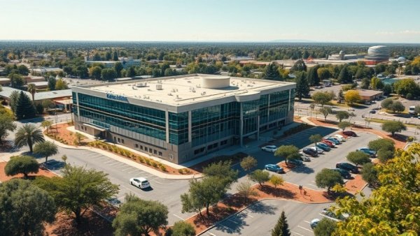 Kaiser Permanente building with parking lot, sunny day.