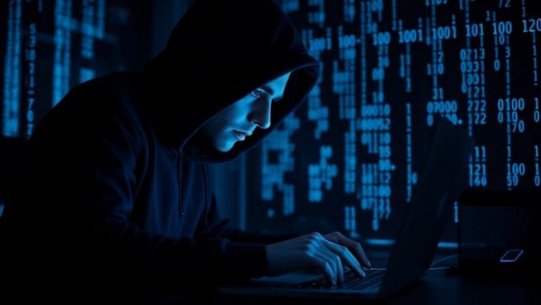 Cryptocurrency ransom hacker with binary code in blue light.