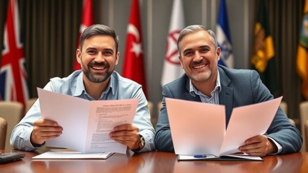 Breaking US news: two men signing documents with flags in background.