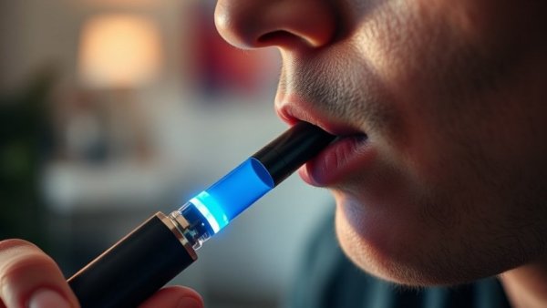 Close-up of vaping with a blue-tipped e-cigarette related to THC vape products in Round Rock ISD.