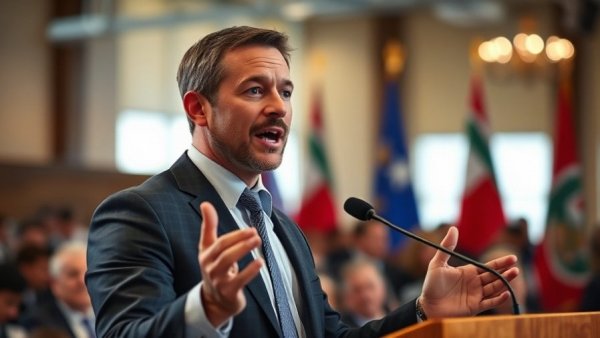 Confident speaker discussing GOP policies for economic recovery indoors.