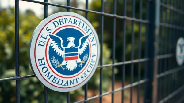 U.S. Department of Homeland Security emblem on a fence background, ICE detainees bonding out context.