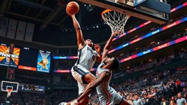Dallas player dunking over Phoenix opponent in thrilling game action