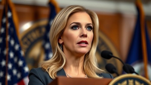 Blonde woman at podium during press conference, breaking US news.