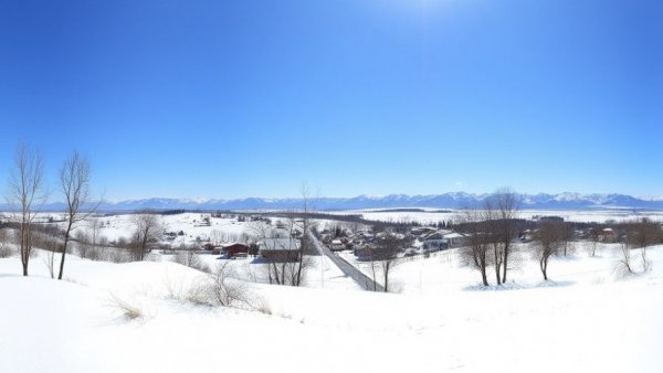 Snowy landscape near remote town with trees, British Columbia.