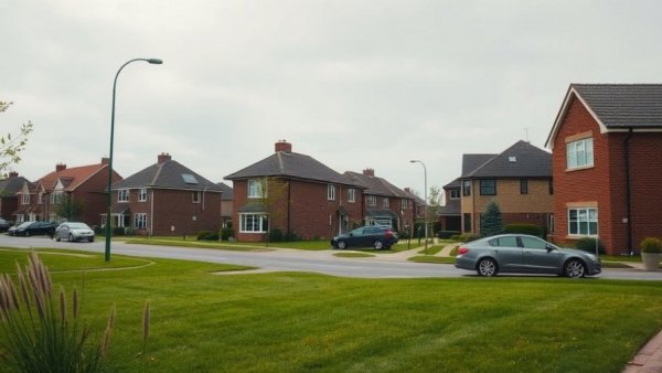 Colony Ridge development, suburban houses and street, overcast day.