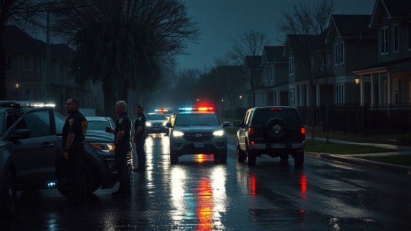 Police cars and officers at night scene in rainy Houston.