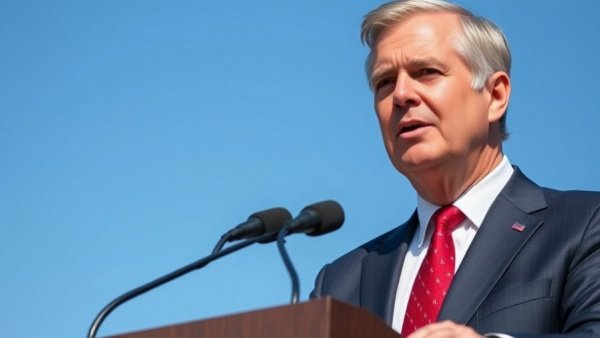 Middle-aged man speaking outside under a clear blue sky.
