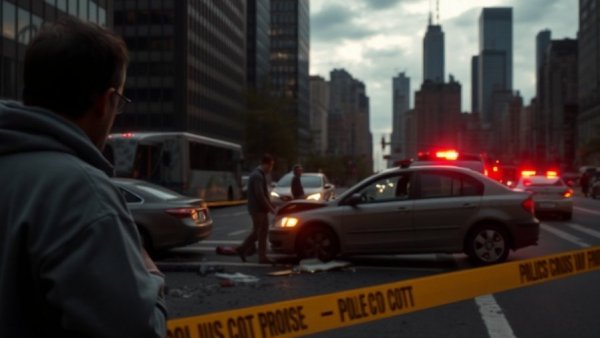 Southeast Houston vehicle accident with police tape and city backdrop.