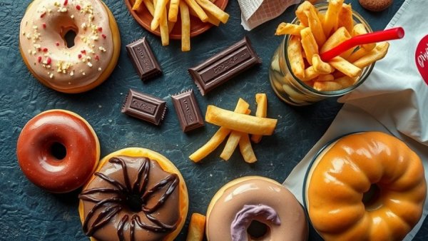 Assorted junk food items representing health and wellness concerns.