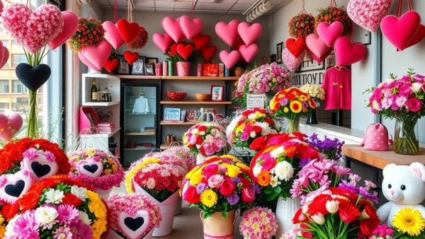 Flower shop display with colorful arrangements and decorations.